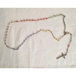 Vtg Multi Colored Beaded Rosary Silver toned Crucifix Catholic Prayer Religious